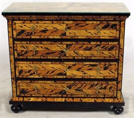 Lot#3, BAKER ZEBRA PATTERN, 4 DRAWER CHEST, LATE 20TH C, H 32", W 36"A Baker Furniture Co., zebra pattern, 4 drawer chest with black enamel trim and bun feet. Brass pulls and faux lock bezels. Baker mfg. plate inside drawer.