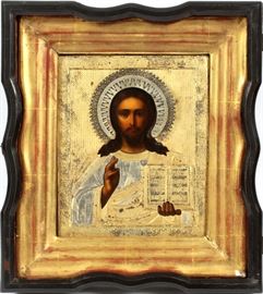 Lot#54, RUSSIAN CASED ICON OF CHRIST PANTOCRATOR, SILVER OKLAD, C 1900 H 15.5", L 14.2" Probably originating from the Kiev region, circa 1896-1908. The icon with hand-painted face and hands, encased by a repoussed and chased silver and gilt raza, and housed in an ebony and giltwood case. The hallmarks include an unknown maker's mark and the mark "875" for silver. The icon measuring 10 1/2" x 8 3/4".
