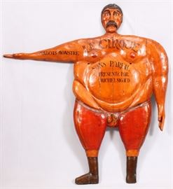 Lot#72, FRENCH PATINATED WOOD CIRCUS PROMOTIONAL SIGN, H 69", W 64"Marked "Sabots Monstre"  "Le Cirque"  "Sans Pareil" "Presente Par Michel Sigaud".  Translated: "Monster Clogs" "The Circus"  "Unmatched" "Presented By Michel Sigaud".