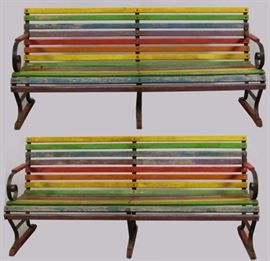 Lot#85, BOBLO ISLAND WOOD AND IRON BENCHES, PAIR, H 38", W 72"Having an iron frame with multi-colored painted wood slats.