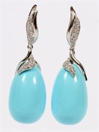 Lot#107, 0.40CT DIAMOND AND TURQUOISE DANGLE EARRINGS, PAIR, H 1 7/8" A pair of turquoise drop earrings, settings studded with 0.40ct diamonds and 14kt white gold.  The diamonds have a G color and Vs-2 clarity grading.  Weighs 17.2 grams.