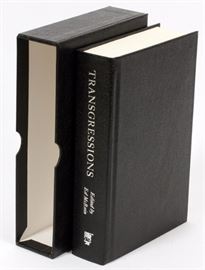 Lot#119, SIGNED FIRST EDITION, HARD BOUND VOLUME, #177/200, MAY 2005, H 9 1/2", W 6 1/2", "TRANSGRESSIONS"Autographed limited first edition of "Transgressions" #177 of 200 first edition copies. Bound in faux black leather with matching slipcase. Silver stamping on spine. Signed by the contributing authors on front limitation page, including: Lawrence Block, Jeffery Deaver, John Farris, Stephen King, Ed McBain, Sharyn McCrumb, Walter Mosley, Joyce Carol Oates, Anne Perry and Donald Westlake. Edited by Ed McBain, published by Tom Doherty Associates, New York.