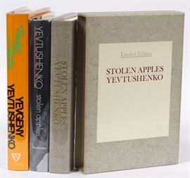 Lot#121, YEVGENY YEVTUSHENKO HARD BOUND, 1ST. EDITION VOLUMES, 1971 & 2, 3 PCS., H 8 1/2", W 5 1/2", "STOLEN APPLES"Three copies of Yevgeny Yevtushenko's "Stolen Apples" and includes a signed Limited 1st. Edition #5/250, published by Doubleday & Co., 1971, with beige cloth boards, dust jacket and publisher's slip case. Second volume is a 1st Edition signed on end paper by contributor John Updike with light green cloth boards with black cloth back strip. Dust jacket with author's likeness. Published by Doubleday & Co. Third volume is the 1st. British Edition, Published by W. H. Allen 1972, Having brown cloth boards, gilt title and publisher on spine, dust jacket in orange with green printed title. All three 8 1/2" H. x 5 1/2" W.