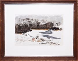 Lot#49, CHARLES CULVER(AMER MID 20TH C), WATERCOLOR ON PAPER, 1954, H 11", W 17", LAKE SHORE IN WINTER. Signed and dated in the lower left corner.  Lake Shore in Winter, 1954, near Bellaire, Michigan. Charles Culver was a very well known Michigan painter.