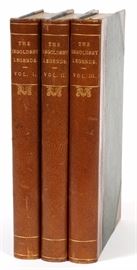 Lot#130, THOMAS INGOLDSBY ESQ., HARD BOUND BOOKS, 1855, VOLUMES I-III, H 8", W 5 1/2", "THE INGOLDSBY LEGENDS"First Series, Second Series and Third Series, all Tenth Edition. 3/4 leather, top gilt edges. Published by Richard Bentley, London, MDCCCLV (1855). Bradbury and Evans, printers Whitefriars. Illustrated by Cruckshank.