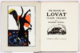 Lot#139, HALDANE MACFALL SIGNED, LIMITED EDITION, HARDBOUND VOLUME, #138/150, 1923, H 13", W 10", "THE BOOK OF LOVAT CLAUD FRASER"Haldane Macfall signed limited edition, #138/150, hardbound volume entitled: "The Book Of Lovat Claud Fraser", Published by J.M. Dent & Sons, Ltd. London, 1923. Signed on the limitation leaf. Original white boards, black cloth back strip, printed paper label to spine, patterned endpapers, color pictorial design to upper board.  Deckled edges with gilt top edges. Tipped-in color frontispiece and 22 b&w plates. Numerous head and tail pieces and illustrations within the text.