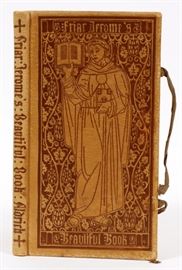 Lot#154, THOMAS BAILEY ALDRICH (1836-1917), HARDBOUND VOLUME, 1896, H 8", W 4 1/2", "FRIAR JEROME'S BEAUTIFUL BOOK"Thomas Bailey Aldrich volume, "Friar Jerome's Beautiful Book" Published by Houghton, Mifflin & Co. Printed at Cambridge by the Riverside Press, 1896. 8vo. Red and black illustrations and page decorations, original brown pictorial morocco cover design by W. S. Hadaway. Cloth ties.