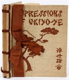 Lot#164, DORA AMSDEN, HARD BOUND BOOK, C1905, H 7", W 6", "IMPRESSIONS OF UKIYO-YE"Hard bound cloth clad volume entitled: "Impressions Of Ukiyo-Ye", "The School Of The Japanese Color Print Artists" by Dora Amsden", Published 1905 by Paul Elder and Company, San Francisco and N.Y. "Revised Edition" & The Tomoye Press". Small in Publisher's brown wood-patterned board box with small woodblock print on lid.