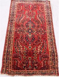 Lot#191, PERSIAN SAROUK, HAND WOVEN WOOL, RUG, C1920, W 30", L 4'4"having a red ground, three borders with floral and vine designs throughout.