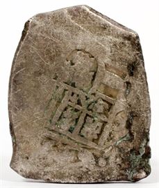 Lot#231, SPANISH "PIECE OF EIGHT" SILVER COIN, TW.0.86 TROY OZ. H 1 1/2", DIA 1 1/4" Spanish Piece of Eight silver coin.