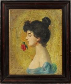 Lot#286, SIGNED HORVATH A, OIL ON CANVAS, H 22", W 18", PORTRAIT OF A YOUNG LADY WITH ROSE.Portrait of a young lady with a red rose in her mouth. Signed "Horvath A" lower left.  Framed.