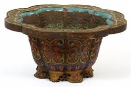 Lot#292, CHINESE BRONZE AND ENAMEL PLANTER H 10" DIA 15" Chinese gilt bronze planter with a mosaic pattern with double enamel bands with multi-colored floral and vine designs.