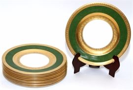 Lot#1022, CROWN STAFFORDSHIRE PORCELAIN CHARGERS, 11 PIECES, DIA 10 1/4" Each with a green band with gilt fired gold border. From The George and Penny Simon Collection, Grosse Pointe Farms, Michigan.