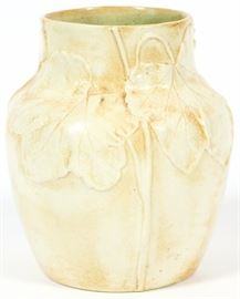 Lot#1024, LOUIS COMFORT TIFFANY FAVRILE CERAMIC VASE H 4 7/8" Incised "LCT" mark. Maple leaf border.