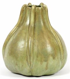 Lot#1026, LOUIS COMFORT TIFFANY, CERAMIC VASE H 4 1/4" Incised "LCT" mark. Green mat glaze.