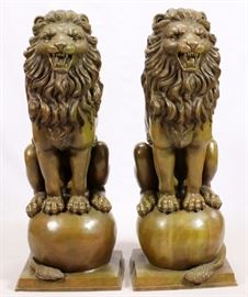 Lot#1070, BRONZE GARDEN LIONS ON SPHERES, PAIR, H 4' 6" Length 1'8". From the estate of Stanford Stoddard, Bloomfield hills. From an elegant home on Autumn Lane, Bloomfield Hills, Mi.