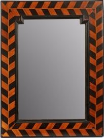 Lot#1072, TRAMP ART, ROSEWOOD & FRUITWOOD PARQUETRY WALL MIRROR, ANTIQUE, H 22", W 30" 22 1/2" x 29 3/4" outer dimensions; original glass.