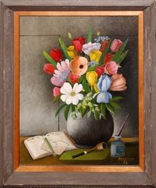 Lot#396, FRED PAPSDORF, OIL ON CANVAS, 1956, H 20", W 16", "APRIL BOUQUET" Signed and dated in the lower right corner.  Inscribed on verso: "April Bouquet, 1956, Michigan artist Fred Papsdorf".