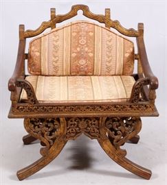 Lot#1079, CHINESE CARVED WOOD ARM CHAIR, 19TH C., H 37" W 32 1/2" D 28" Seat is constructed with slats and both seat and back have a cushion.