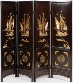 Lot#1084, CHINESE FOUR PANEL SCREEN, H 72", W 20"Incised carving, hinges impressed "Made in England". From an elegant home on Autumn Lane, Bloomfield Hills, Mi.