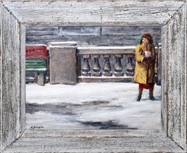 Lot#227, CLYDE SINGER, OIL ON CANVAS BOARD, 1954, H 16", W 20", COURTHOUSE BUS STOP. Signed, titled, and dated on verso.  Also, signed in the lower left corner.  Inscribed on verso: "Courthouse Bus Stop, 1954, Youngstown, Ohio" and "Clyde Singer was a very well known Ohio regionalist".