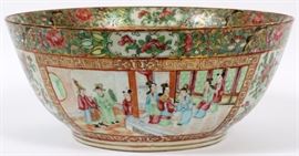 Lot#1118, CHINESE ROSE MEDALLION PUNCH BOWL, MID TO LATE 19TH C., DIA 13 1/2" A round porcelain punch bowl in the Rose Medallion family.  Gilt key borders separate four alternating panels of birds, butterflies, and tree peonies with interior figural scenes, and a central medallion at the base of the well.  Measures Dia.13 1/2", H.5 3/4". From the collection of Mrs. G. G. Scranton, international traveler from the late 1800's to the mid twentieth century. Friend and patron of Mrs. Dagny Carter, a notable scholar, influenced this collection.