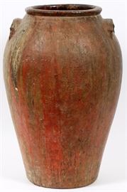 Lot#1136, CHINESE GLAZED POTTERY STORAGE JAR, H 20"A mottled polychrome glaze in shades of red, green, and brown; tapered form with integrated handles at either side.  Measures overall H.20", Dia.13". From the collection of Mrs. G. G. Scranton, international traveler from the late 1800's to the mid twentieth century. Friend and patron of Mrs. Dagny Carter, a notable scholar, influenced this collection.
