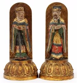 Lot#1145, CHINESE BRONZE AND CARVED WOOD FIGURAL BOOKENDS, EARLY 1900'S, PAIR, H 7 1/4" Carved wood scholars with polychrome gilt decoration, mounted to bronze bookends; each measures H.7 1/4" x 3 1/2".  Impressed 'China' at the undersides. From the collection of Mrs. G. G. Scranton, international traveler from the late 1800's to the mid twentieth century. Friend and patron of Mrs. Dagny Carter, a notable scholar, influenced this collection.