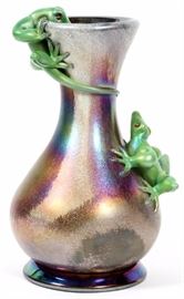 Lot#1175, STUART ABELMAN, AURENE GLASS VASE, 1998, H 9.75"An aurene glass vase enhanced with two geckos.  Signed Abelman, dated and marked MZV-82.