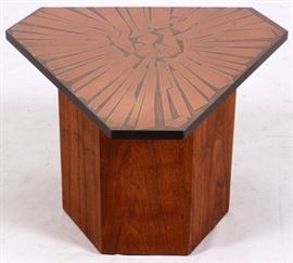 Lot#1186, ITALIAN, COPPER & WOOD TRIANGULAR SIDE TABLE, L 22", D 19"