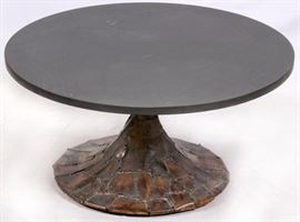 Lot#1187, SLATE & METAL COFFEE TABLE, H 18 1/2", DIA 36"Slate top with pierced metal base.