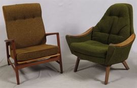 Lot#1191, DANISH MID-CENTURY MODERN UPHOLSTERED CHAIRS, TWO. Including a Selig arm chair  H 38", L 25.75" and a second chair with teak arms.  Each with coarse fabric.