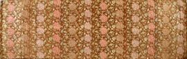 Lot#1206, CHINESE FLORAL MEDALLION SILK ROLL, 19TH C., W 28", L 82" A woven silk roll, metallic weft threads of floral medallions in shades of ochre, rose, and blue, on a golden brown ground.  Measures overall L.82" x 28 1/2". From the collection of Mrs. G. G. Scranton, international traveler from the late 1800's to the mid twentieth century. Friend and patron of Mrs. Dagny Carter, a notable scholar, influenced this collection.