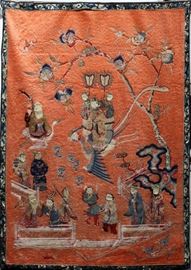 Lot#1209, CHINESE EMBROIDERED SILK PANEL TAPESTRY, H 63", W 45"A salmon ground with embroidered central three-dimensional empress and attendants; flying bat, blossoming fruit branches, scholars, and clouds fill the surrounding spaces, enclosed by a dark border of flowers in shades of blue and cream. From the collection of Mrs. G. G. Scranton, international traveler from the late 1800's to the mid twentieth century. Friend and patron of Mrs. Dagny Carter, a notable scholar, influenced this collection.