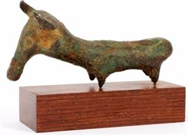 Lot#1219, ANCIENT LURISTAN BRONZE ANIMAL FIGURE L 3 3/4"Miniature animal. Green patina. Separate modern wood stand. From a prominent Bloomfield Hills collector.