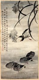 Lot#1212, CHINESE WATERCOLOR ON PAPER SCROLL, H 32", W 16", WADING BIRDS. A lovely monochromatic depiction of wading ducks.  Measures approximately H.32 1/2" x 15 3/4"; overall measures H.54" x 19 1/4". From the collection of Mrs. G. G. Scranton, international traveler from the late 1800's to the mid twentieth century. Friend and patron of Mrs. Dagny Carter, a notable scholar, influenced this collection.