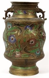 Lot#1279, JAPANESE BRONZE & ENAMEL DECORATED VASE, C. 1920, H 14" Gourd form vessel flanked by elephant head handles, colorful enamel accents. From an elegant home on Autumn Lane, Bloomfield Hills, Mi.