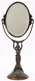 Lot#1310, ART DECO FIGURAL BRASS DRESSER MIRROR, H 17.5", W 5"A female figure supporting a cheval mirror.