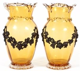 Lot#1312, BLOWN GLASS VASES, C 1900, PAIR, H 12" Metal mounts, amber with clear applied ruffled borders. From a prominent Bloomfield Hills collector.