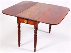 Lot#1349, PEMBROKE MAHOGANY DROP LEAF TABLE, CIRCA 1840 H 28 1/2", L 40 1/2",With barley twist legs. Single drawer in frieze with prominent brass pull handle. Leaves measure 14 1/2" deep. Width with leaves down 16 1/2".