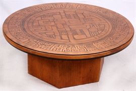 Lot#1355, ITALIAN, COPPER & WOOD ROUND COFFEE TABLE, DIA 39"