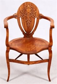 Lot#1360, DETROIT CHAIR CO. MAPLE ARM CHAIR CIRCA 1900. Three legged chair. Carved detail. Detroit Chair Co., 119 - 133 Gratiot Ave. Detroit.