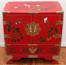 Lot#1414, RED ORIENTAL LACQUERED CABINET H 23" W 22" D 14" three interior drawers one large drawer