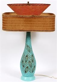 Lot#1467, POTTERY LAMP, H 34" Robbins egg blue and having a pierced design with two colored shades.
