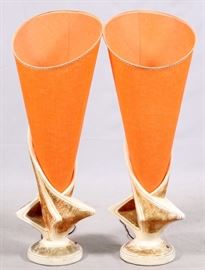 Lot#1469, MID-CENTURY MODERN SINGLE-LIGHT POTTERY LAMPS, PAIR, H 38" Ivory in color with accents in green and gold tones.