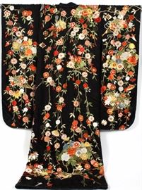 Lot#1490, JAPAN SILK EMBROIDERED KIMONO L 73" From Kyoto, Japan. Black silk ground with gold and silk thread embroidery. Never used. From an elegant home on Autumn Lane, Bloomfield Hills, Mi.