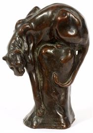 Lot#2001, ANNA HYATT HUNTINGTON (AMERICAN, 1876-1973), BRONZE, H 6 1/4", "DESCENDING PANTHER" Anna Vaughn Hyatt Huntington (American, 1876-1973). "Descending Panther". Bronze with mid-brown patina. Stamped with the "Gorham & Co. Founders" mark and numbered 244 to base. Also having incised signature reading "Anna V. Hyatt" to base.