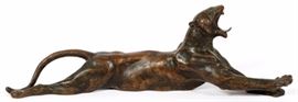 Lot#2003, ANNA HYATT HUNTINGTON (AMERICAN, 1876-1973), BRONZE, H 4 1/8", W 2", L 13 1/8", YAWNING TIGER. Anna Vaughn Hyatt Huntington (American, 1876-1973). "Yawning Tiger". Bronze with mid-brown patina. Having stamped "Gorham Co Founders / 0492" mark, as well as incised signature reading "Anna V. Hyatt", to underside of the right rear leg.