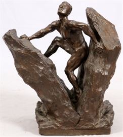 Lot#2005, KARL FREDERICK SKOOG (SWEDISH, 1878-1933), BRONZE SCULPTURE, 1928, H 23 1/2", L 21", "THE SOULS-TRIUMPH""Man's Deeds are Greater Than Himself"; inscribed; signed and dated.