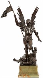 Lot#2008, PIERRE CHARLES VAN DER STAPPEN (BELGIUM 1843-1910), BRONZE SCULPTURE, H 41", WINGED SOLDIER. Signed and dated 1845. Height includes green onyx base. Depicts winged soldier standing over nude man.